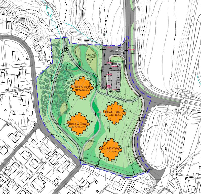 KPA. Det skal settes av plass for minimum to sykler pr. 70 m 2 BRA eller boenhet. Dagens offentlige turveg gjennom planområdet videreføres.