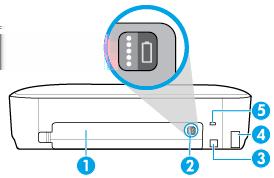 Sett bakfra 1 Batterideksel 2 Knapp for batteristatus: Trykk på den for å vise batterinivået. Du finner mer informasjon i Sjekke batteristatus.