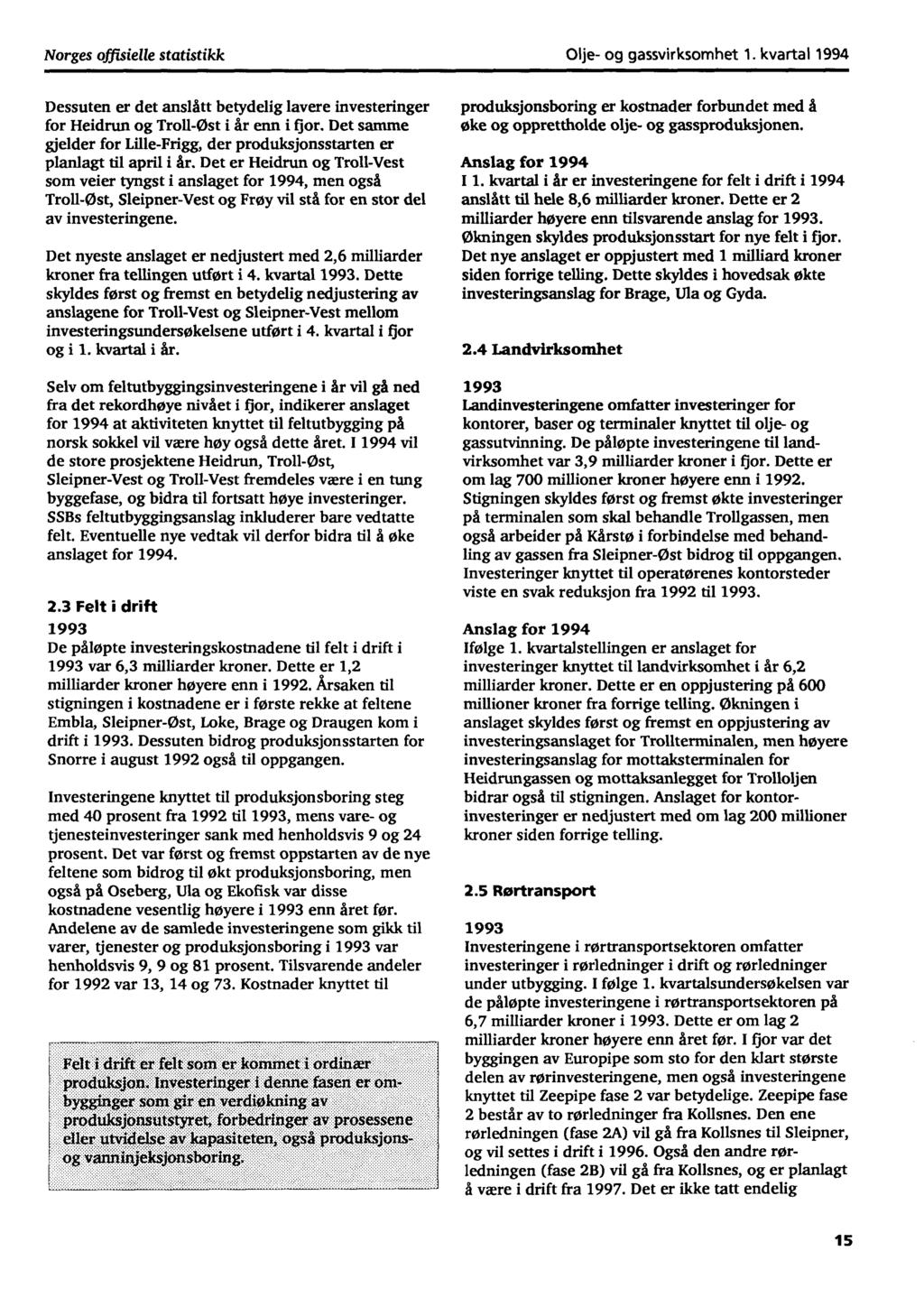 Norges offisielle statistikk Dessuten er det anslått betydelig lavere investeringer for Heidrun og TrollOst i år enn i fjor.