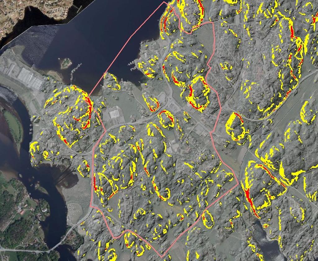 Vedlegg 1: Fareområder for skred bratt terreng Gule områder viser skråninger over25 grader.