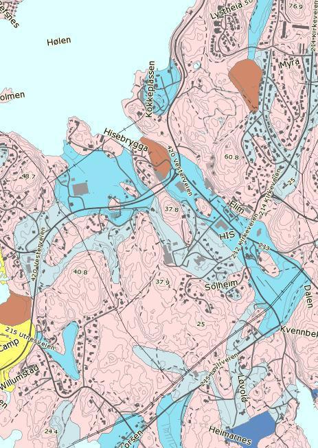 Vedlegg 2: Fareområder for skred kvikkleire Mellom blå områder viser områder med tykk havavsetning Lyse