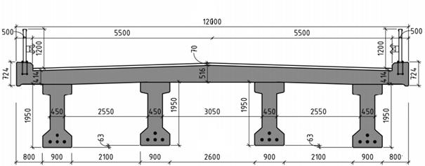 forenkling av tverrsnittet i denne oppgaven der armering ikke er tatt med. Figur 4.12: Eksakt tverrsnitt i snitt 1 (Ingebrigtsen, 2017). Figur 4.13: Forenklet generelt tverrsnitt ekskludert armering.