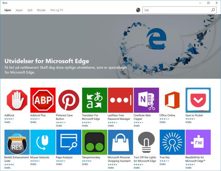 1 2 3 4 5 Utvidelser Du kan utvide funksjonaliteten i Edge ved å installere utvidelser fra Store.