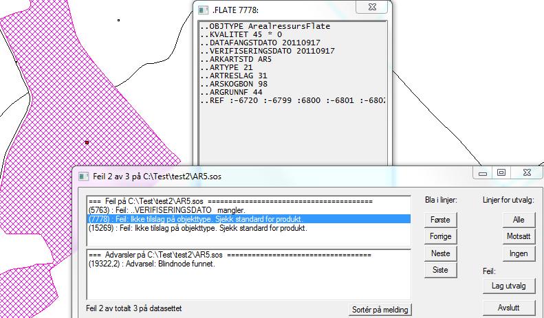 Eksempel: Skjermdump «1» viser feil nr 2 i kontrollrapporten. F6-tast gir egenskapene til flata (skjermdump «2»). Vha.