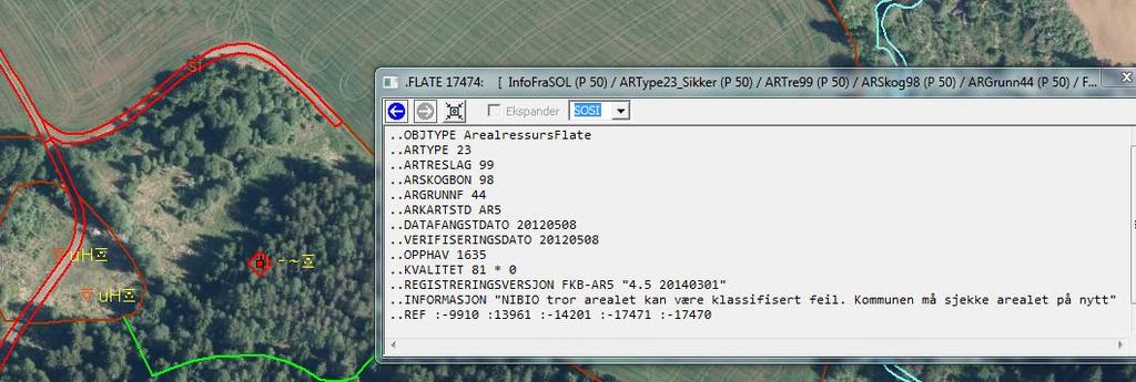 Flate med informasjon: Viser flater som NIBIO har «merket» spesielt i periodisk ajourhold. Rød firkant viser at AR5flata inneholder Informasjon.