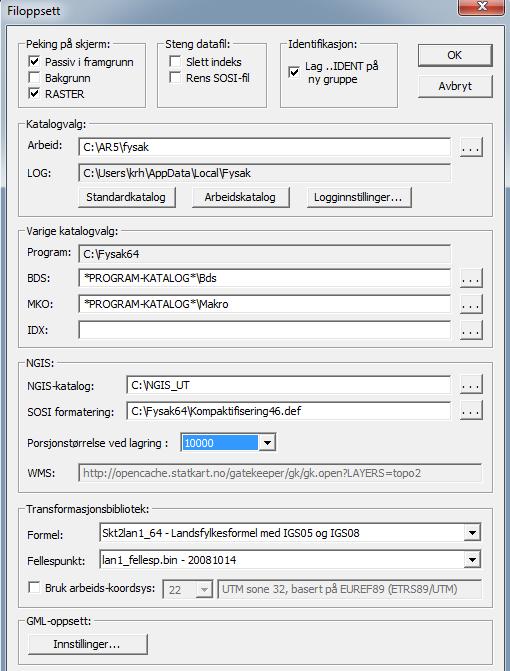 1.4 Sett innstillinger Før man begynner å ajourføre må man sette opp ulike innstillinger i Fysak. NB! For å kunne kommunisere med Kartverkets QMS, trenger du en tjenerfil for QMS. Per 1.1.2017 er dette QsServerList-sfkb7.