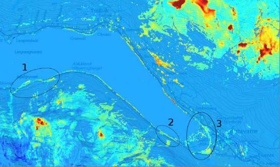 Satelittdata Gode resultater av å bruke interferometrisk analyse av radarsatellittbilder (kalt InSAR) for å kartlegge ustabile fjellmassiver.