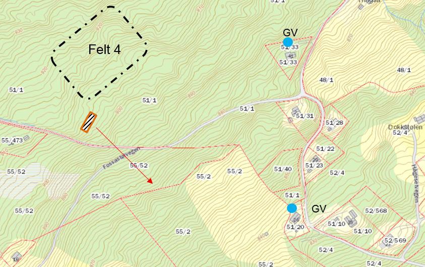 18 Figur 15. Det er en fordel å legge utslippsområdet lengst mulig mot sørvest for å unngå påvirkning av nedstrøms vannkilder. Avstand til registrert vannkilde på eiendom 51/20 er ca 280 meter.