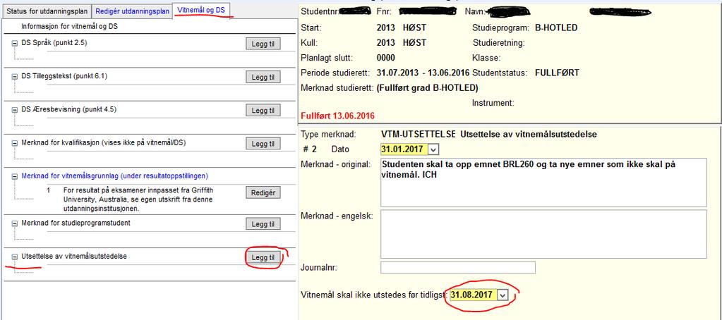 3.4 Studenter som ber om utsatt utskrift I utgangspunktet blir vitnemålet utstedt når alle emner i en godkjent utdanningsplan er bestått.