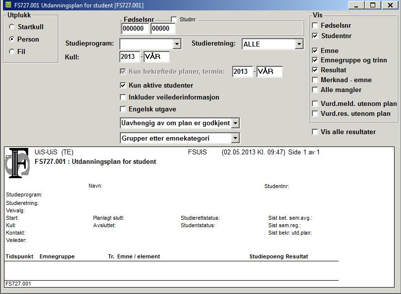 2.2 FS727.001 Utdanningsplan for student Plassering: Modul Programstudent - Rapporter FS727.