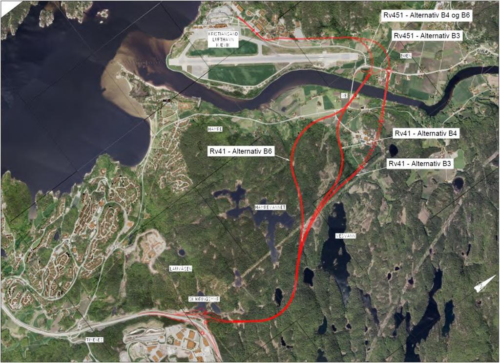 2.3 KORRIDOR B B- korridoren ligger lengst nordøst og består av tre ulike veglinjer som alle er knyttet til E18 ved Skjøringsmyr, og har adkomst til flyplassen forbi nordenden av rullebanen.