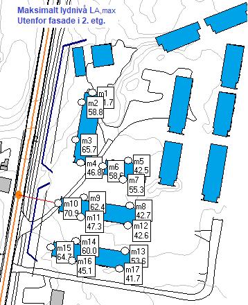 Tilsvarende beregninger er foretatt for maksimalt lydnivå L A,max. Kart 4 under viser maksimalt lydnivå utenfor fasaden i de samme punktene. Kart 4. Trafikkstøy, lydnivå ved fasaden (maksimalt lydnivå.