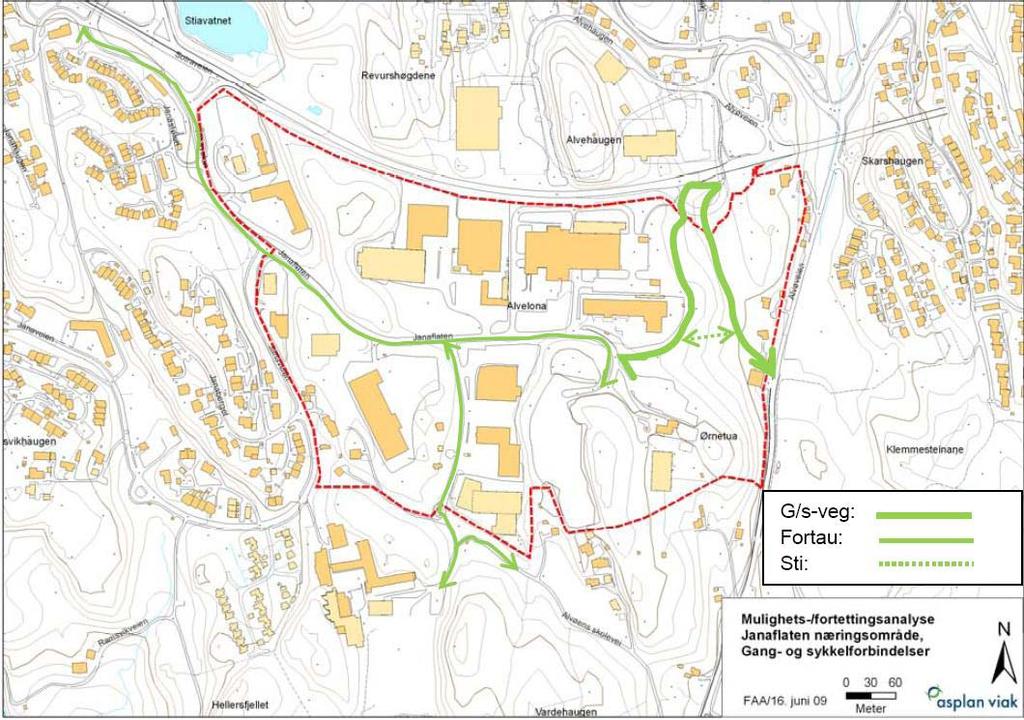 Figur 11. Eksisterende gang- sykkelvegnett Terrenget innenfor analyseområdet er i hovedsak planert og følger samme nivå som riksveg 555 ca kote + 62 m.o.h, med unntak av isolasjonsbeltene som står igjen som åsrygger.