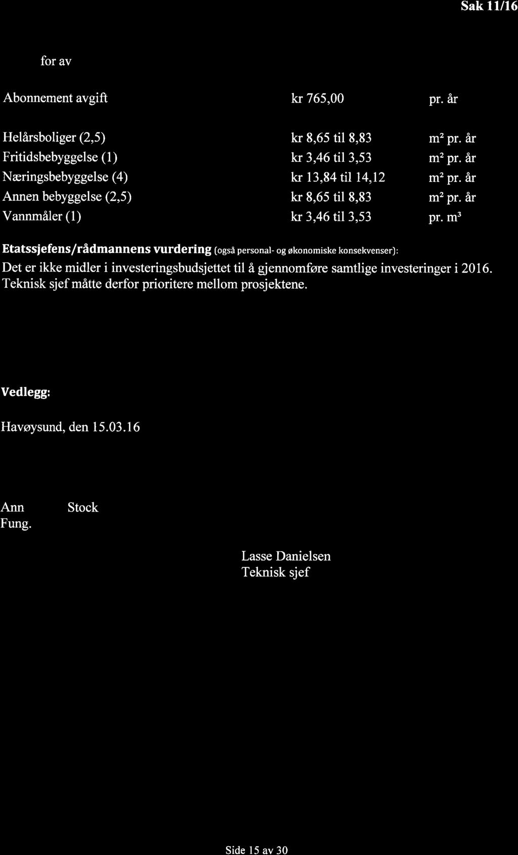 Sak 11/16 for av Abonnement avgift kr 765,00 pr. år Helårsboliger (2,5) kr 8,65 til 8,83 m2 pr. ër Fritidsbebyggelse (l) kr 3,46 til 3,53 m2 pr.
