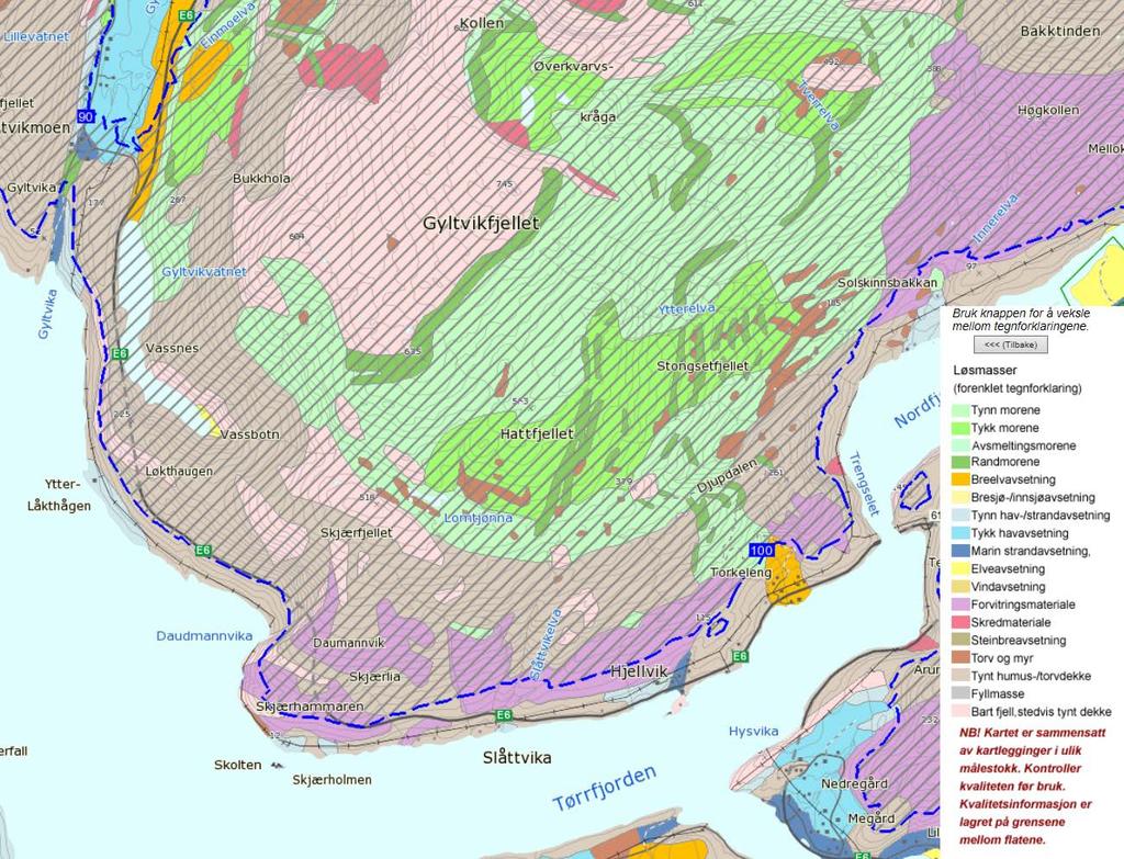 Figur 2: Løsmassekart med marin grense fra www.ngu.no.