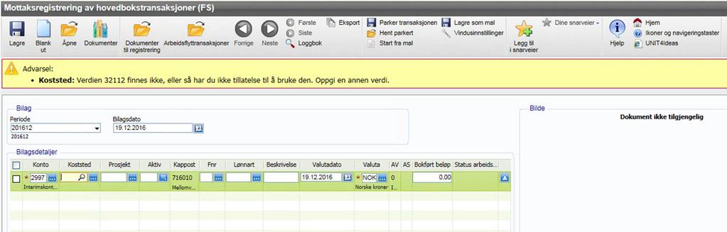 Mottaksregistrering av hovedbokbilag Aktuell periode og dagens dato velges