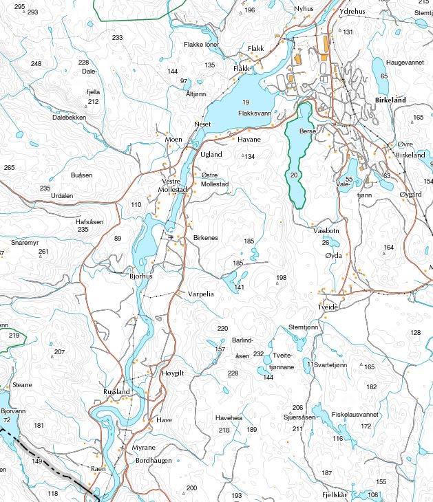 1. PLANOMRÅDETS BELIGGENHET Planområdet ligger på del av Gnr/Bnr 14/ 2 Høygilts moner, i «ytterdalen» i Birkenes Kommune, Aust - agder, område ligger mellom Varpelia og Høygilts Moner på vestsiden av