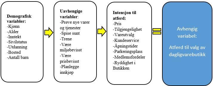 2.9 Forskningsmodell Forskningsmodellen under er utviklet for å kunne se operasjonaliseringen av begrepene og variablene som blir brukt senere i analysen.