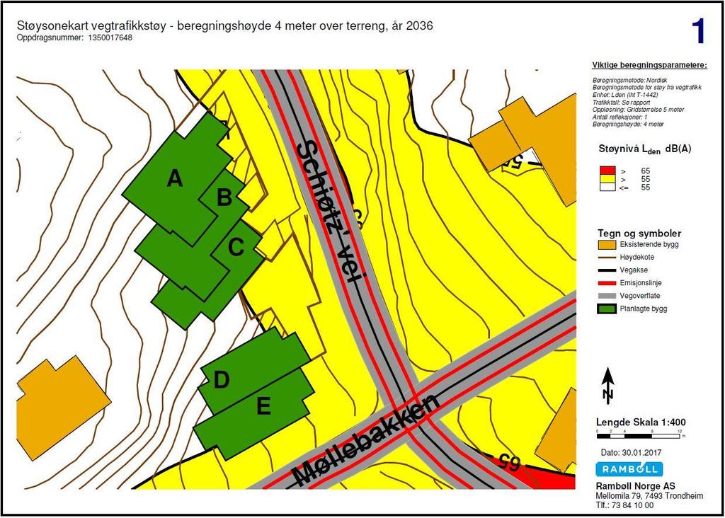 5. RESULTATER Resultatene er presentert i form av støysonekart med rød, gul og hvit sone. Støysonekartene viser støybidrag fra vegtrafikk med beregningshøyder på 4 og 1,5 meter over terreng.