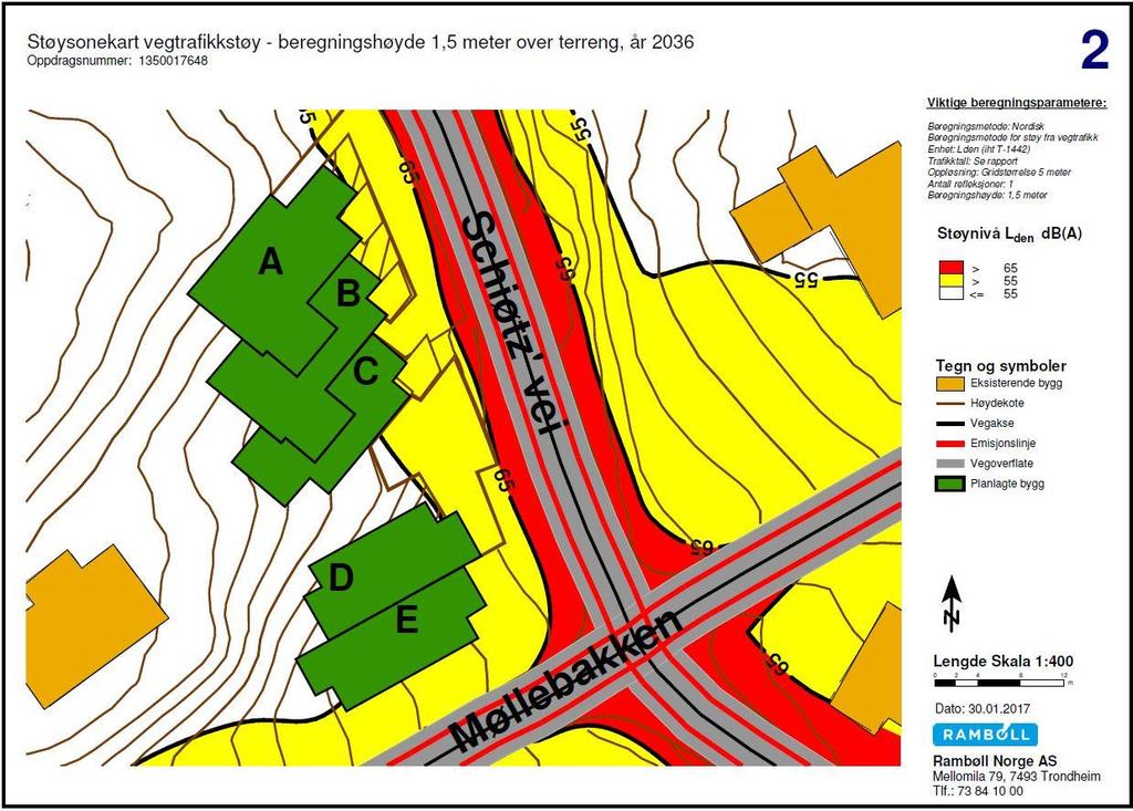 Figur 6 Støysonekart iht. T-1442, 1,5 meter over terreng - fremtidig prognosesituasjon. 5.