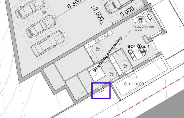 Figur 13 Støysonekart 1,5 meter over takterrasse over bygg E. 5.3.1 Vurdering av tilgang til stille sider Da noen boenheter ikke vil være gjennomgående vil det være nødvendig å lage lokale stille soner slik at hver boenhet får tilgang til en stille side.