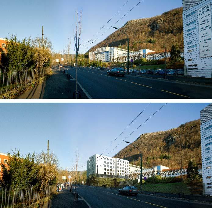 Fotomontasje, før - etter Grønnstruktur Landskapsrommet mellom eksisterende sykehus og Årstadveien, med Møllendalselven, parken og alleen, utgjør en viktig del av