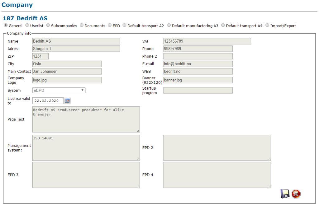2.3 Bedriftsinformasjon (Companies) Den generelle informasjonen om bedriften som er registret i systemet er tilgjengelig via «Bedrift» ikonet.