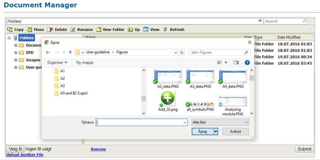 Figur 2-1 Opplasting av bilder til dokumentmappen Figur 2-2 Velg fil som skal lastes opp til dokumentmappen 2.