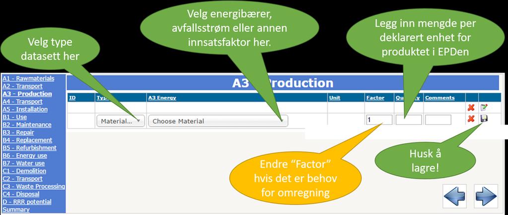 Figur 4-11 Registering av data i A3 Sjekk at enheten til energikilden er den samme som i verktøyet, hvis ikke må en omregning gjøres før tallene registreres.