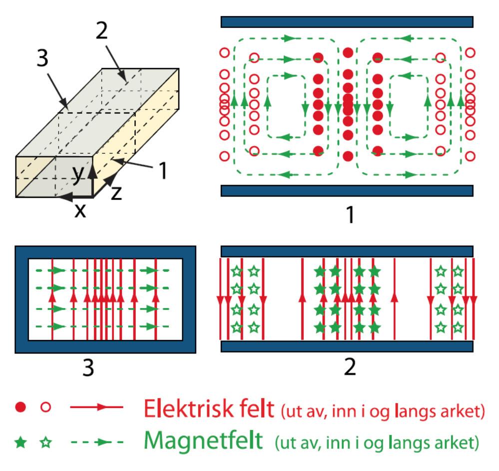 16.3 Bølgeledere 481 Figur 16.5: Feltfordelingen for en TE10 mode for det elektriske feltet inne i en rektangulær bølgeleder.