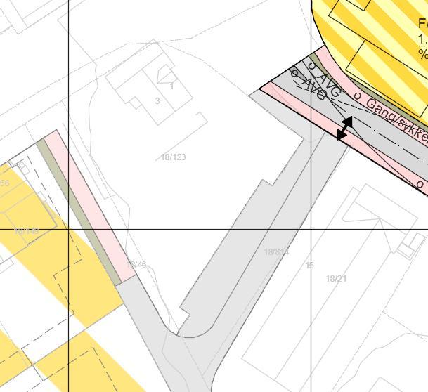 Bilde 5. Utsnitt av planforslag og reguleringsplan for Leknes sentrum sør. Arealet på 11 m2 som blir berørt i gjeldende plan for Leknes sentrum sør er vist med rød strek.