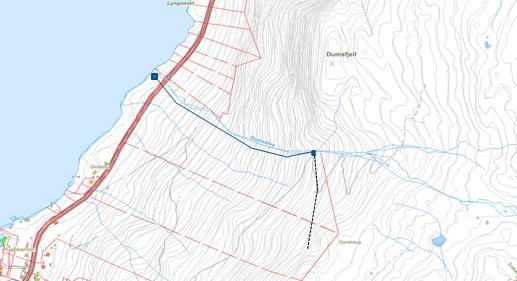 Røyrgatetrasé Det er planlagd ei røyrgate på kring 725 meter. Røyrgata vil ha ein diameter på 350 mm beståande av PE røyr og duktile stålrøyr.