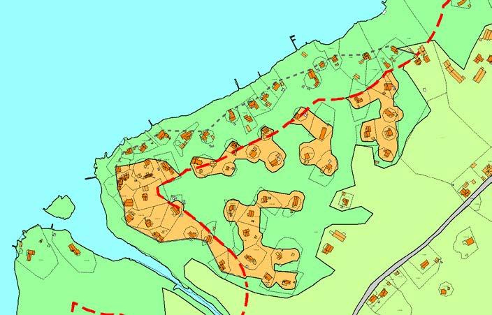 Kart nr. 95C Høringsforslaget fra desember 2014 (1.gangsbehandling) av Kommuneplanens arealdel 2015-2027 innsigelse til fastsetting av byggegrense for hyttene pga. ikke tatt landskapshensyn. Kart nr.