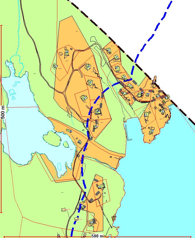 KARTSKISSER AV BYGGEGRENSENE MOT SJØ OG VASSDRAG Metode: Først vises et kart over foreslått ny byggegrense, deretter vises høringsforslaget fra
