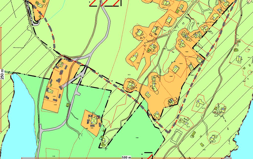 Kart nr. 110 Utsnitt fra Kommuneplanens arealdel 2010-2022 KONSEKVENS AV ENDRINGEN: Her er 100 metergrensen endret, slik at noen av hyttene er kommet bak 100 meteren.