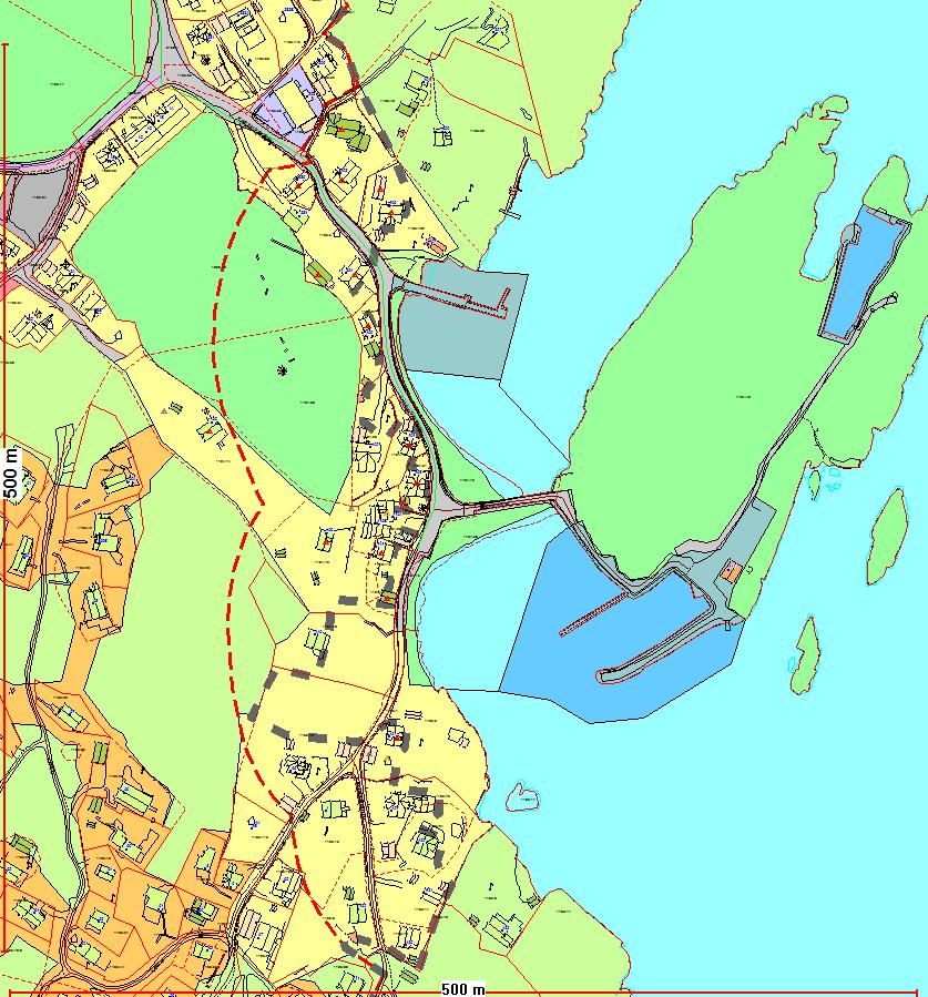 Kart nr. 112 Utsnitt fra Kommuneplanens arealdel 2010-2022 KONSEKVENS AV ENDRINGEN: Byggegrensen er endret i tråd med de generelle prinsippene og tatt landskapshensyn. Fargekoding: Kart nr.