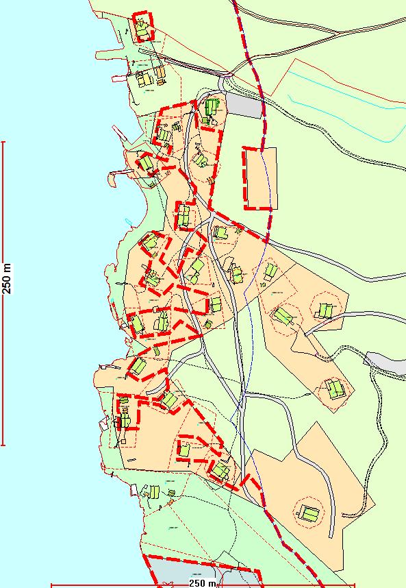 Kart nr. 10 Utsnitt fra Kommuneplanens arealdel 2010-2022 KONSEKVENS AV ENDRINGEN: Byggegrensen er trukket etter de generelle prinsippene.