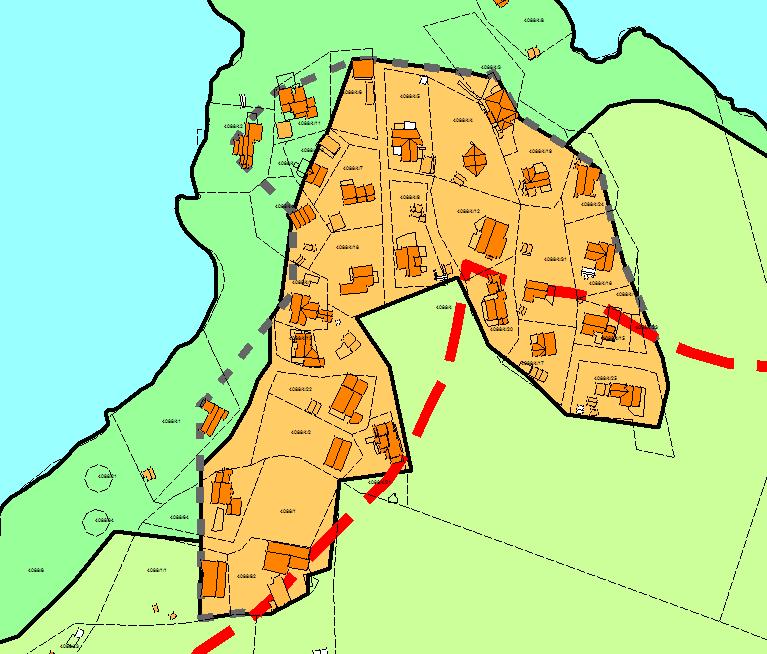 Kart nr. 25C Høringsforslaget fra desember 2014 (1.gangsbehandling) av Kommuneplanens arealdel 2015-2027 innsigelse til fastsetting av byggegrense for hyttene pga. ikke tatt landskapshensyn. Kart nr.