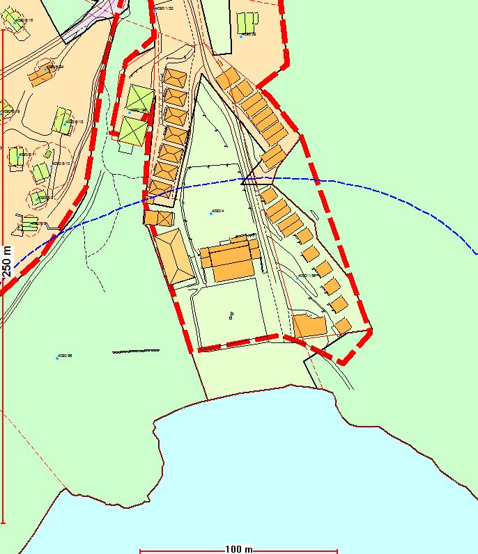 Kart nr. 28 Utsnitt fra Kommuneplanens arealdel 2010-2022 KONSEKVENS AV ENDRINGEN: Byggegrensen er trukket etter de generelle prinsippene. Fargekoding: Kart nr.