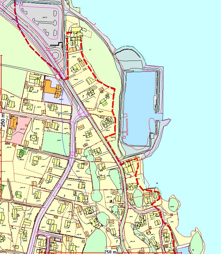 Kart nr. 32 Utsnitt fra Kommuneplanens arealdel 2010-2022 KONSEKVENS AV ENDRINGEN: Byggegrensen er trukket etter de generelle prinsippene. Fargekoding: Kart nr.