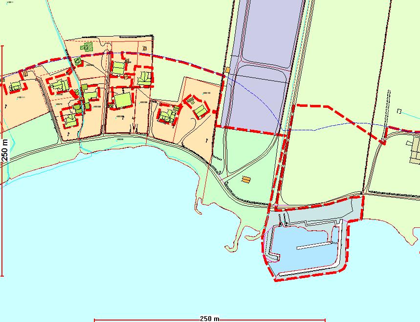 Kart nr. 36 Utsnitt fra Kommuneplanens arealdel 2010-2022 KONSEKVENS AV ENDRINGEN: Byggegrensen er trukket etter de generelle prinsippene. Fargekoding: Kart nr.