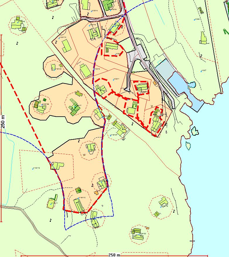 Kart nr. 42 Utsnitt fra Kommuneplanens arealdel 2010-2022 KONSEKVENS AV ENDRINGEN: Byggegrensen er endret etter de generelle prinsippene. 100-metergrensen er her justert. Fargekoding: Kart nr.
