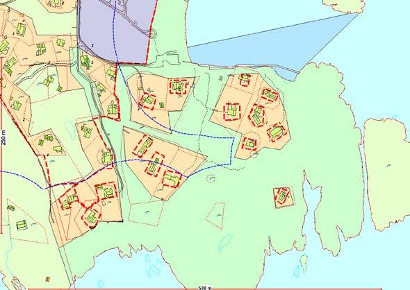 landskapshensyn. Fargekoding: Kart nr. 45 = Rød strek 100 metergrensen og grå strek er forslag til byggegrenser Kart nr.