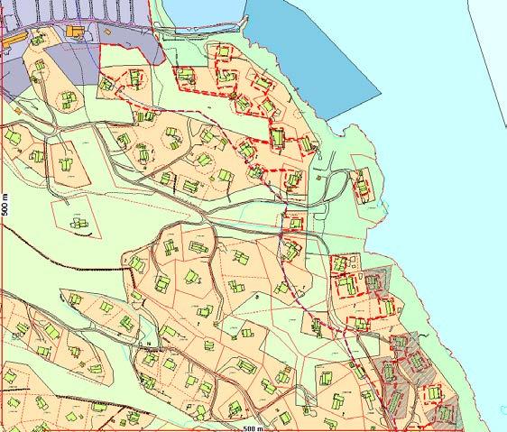 Fargekoding: Kart nr. 49 = Rød strek 100 metergrensen og grå strek er forslag til byggegrenser Kart nr.