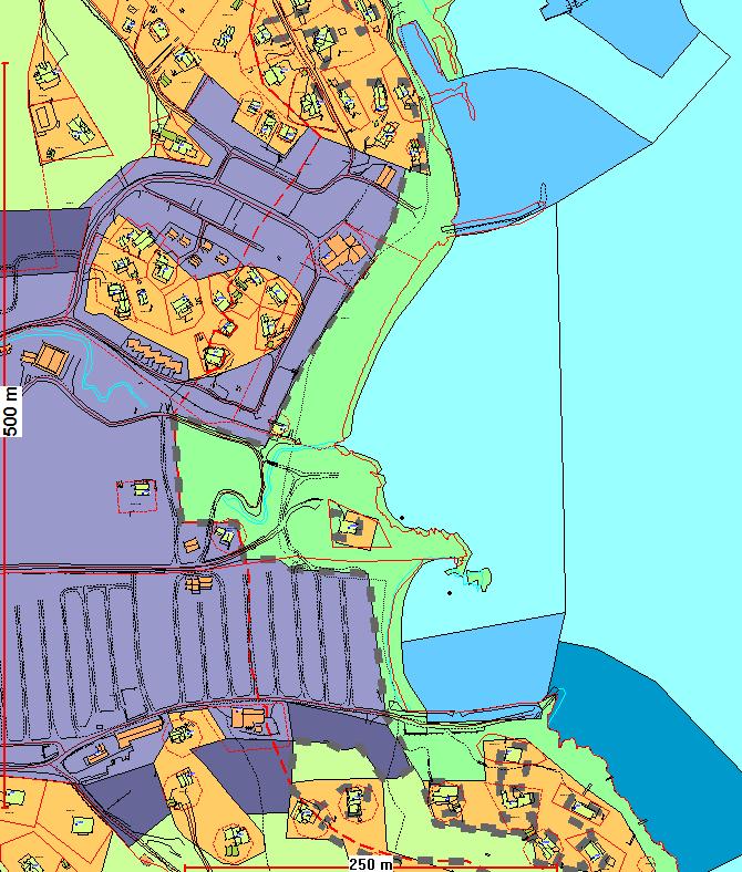 Kart nr. 52 Utsnitt fra Kommuneplanens arealdel 2010-2022 KONSEKVENS AV ENDRINGEN: Byggegrensen er endret etter de generelle prinsippene og landskapshensyn. Fargekoding: Kart nr.