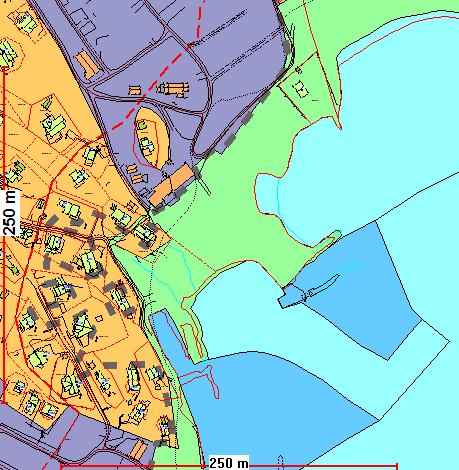 Kart nr. 54 Utsnitt fra Kommuneplanens arealdel 2010-2022 KONSEKVENS AV ENDRINGEN: Byggegrensen er endret etter de generelle prinsippene og landskapshensyn. Fargekoding: Kart nr.