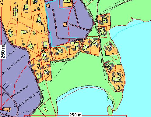 Kart nr. 56 Utsnitt fra Kommuneplanens arealdel 2010-2022 KONSEKVENS AV ENDRINGEN: Byggegrensen er endret etter de generelle prinsippene og landskapshensyn. Fargekoding: Kart nr.