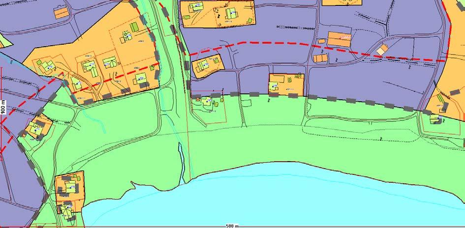 Kart nr. 58 Utsnitt fra Kommuneplanens arealdel 2010-2022 KONSEKVENS AV ENDRINGEN: Byggegrensen er endret etter de generelle prinsippene og landskapshensyn. I tillegg er 100- metersgrensen rette opp.