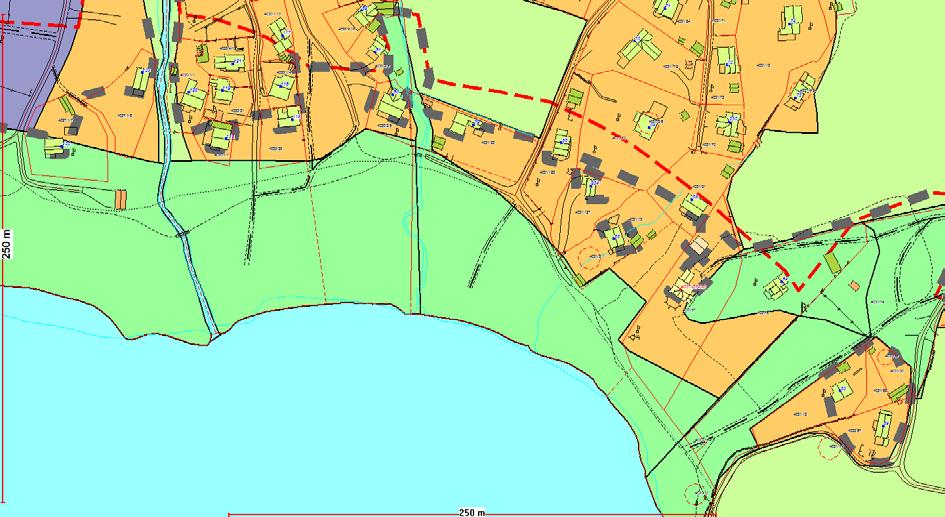 Kart nr. 60 Utsnitt fra Kommuneplanens arealdel 2010-2022 KONSEKVENS AV ENDRINGEN: Byggegrensen er endret etter de generelle prinsippene. I tillegg er 100-metrsgrensen rettet opp.