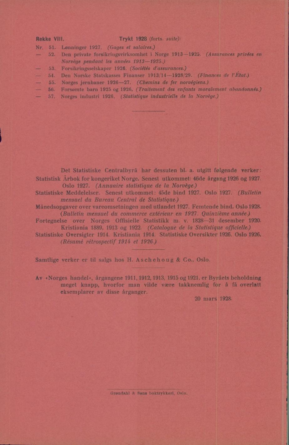 Rekke VIII. Trykt 198 (forts. suite): Nr. 51. Lønninger 197. (Gages et salaires.) 5. Den private forsikriiigsvirksomhet i Norge 191195. (Assurances privies en Norvège pendant les années 191195.) 5. Forsikringsselskaper 19.